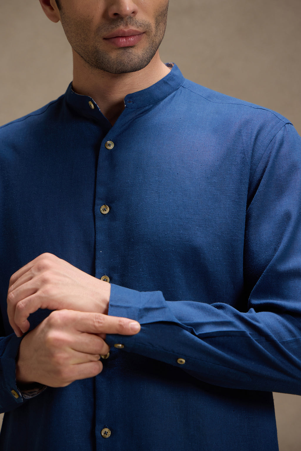 Space Blue - Linen Mandarin Collar Shirt for Men