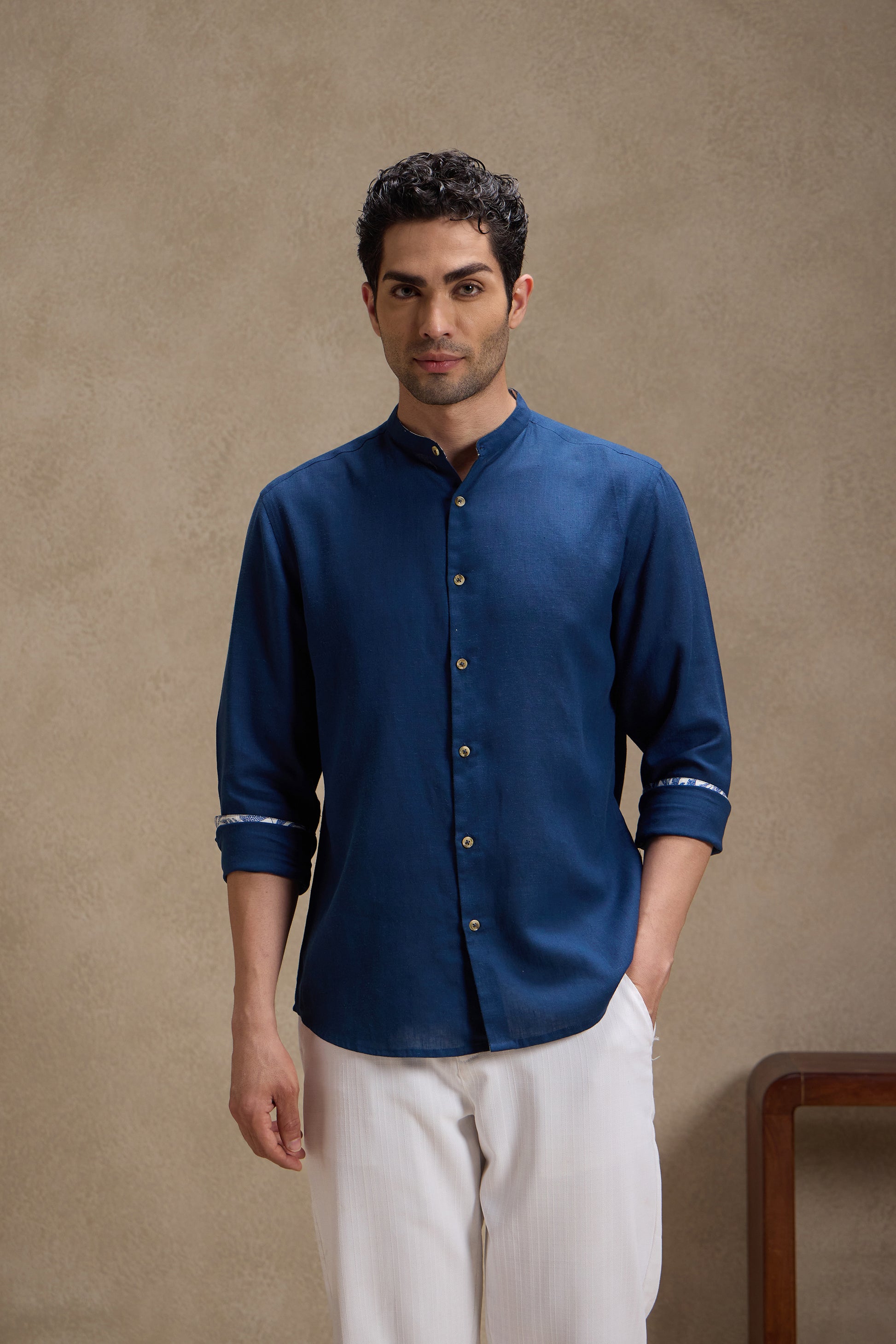 Space Blue - Linen Mandarin Collar Shirt for Men