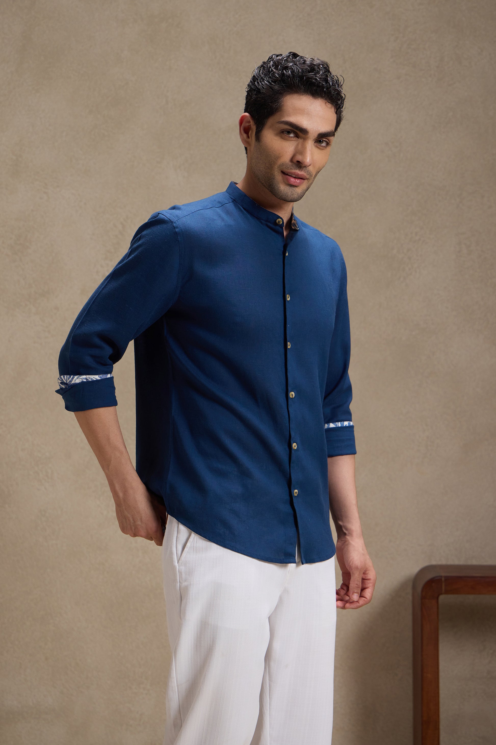 Space Blue - Linen Mandarin Collar Shirt for Men