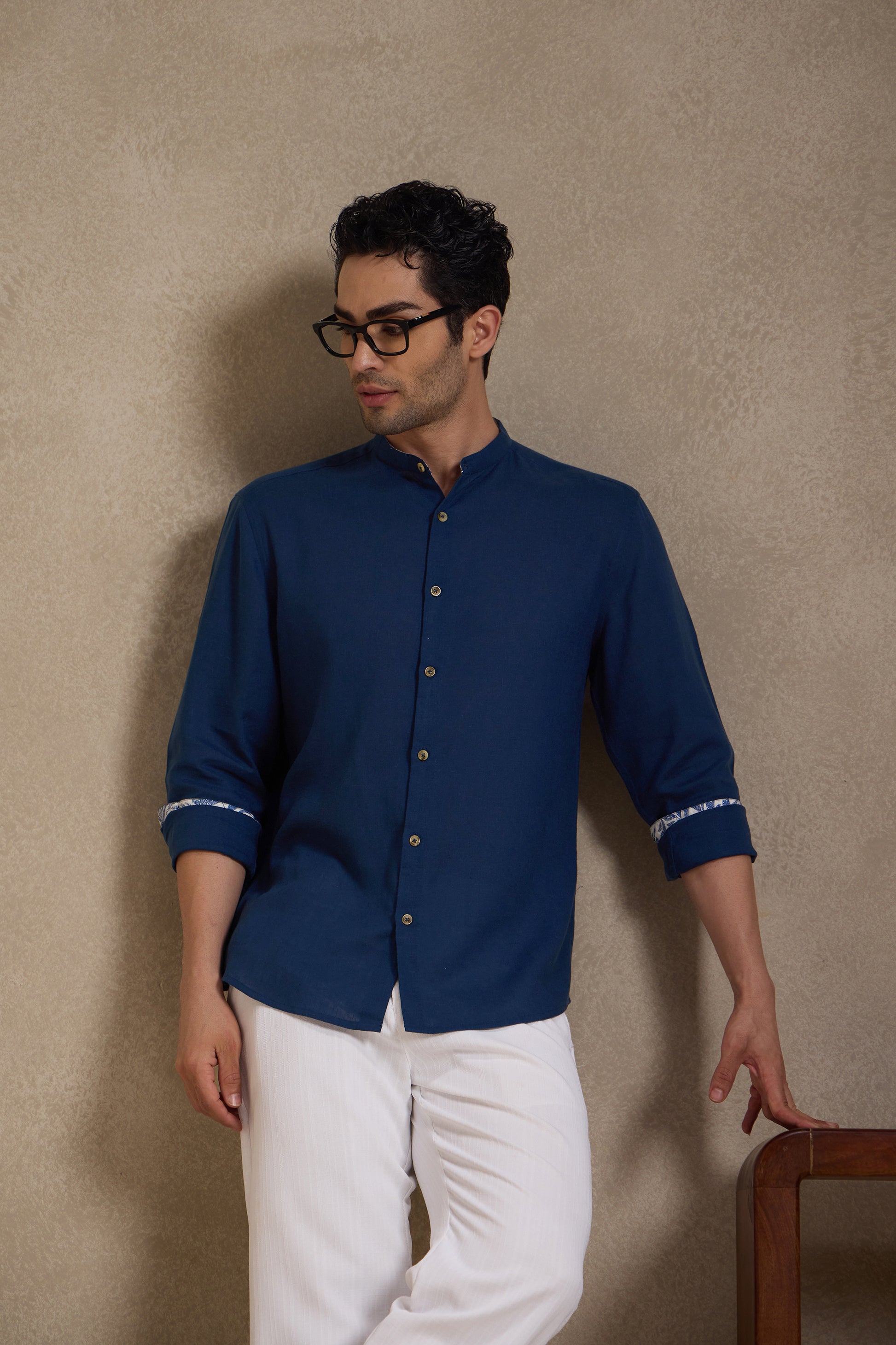 Space Blue - Linen Mandarin Collar Shirt for Men