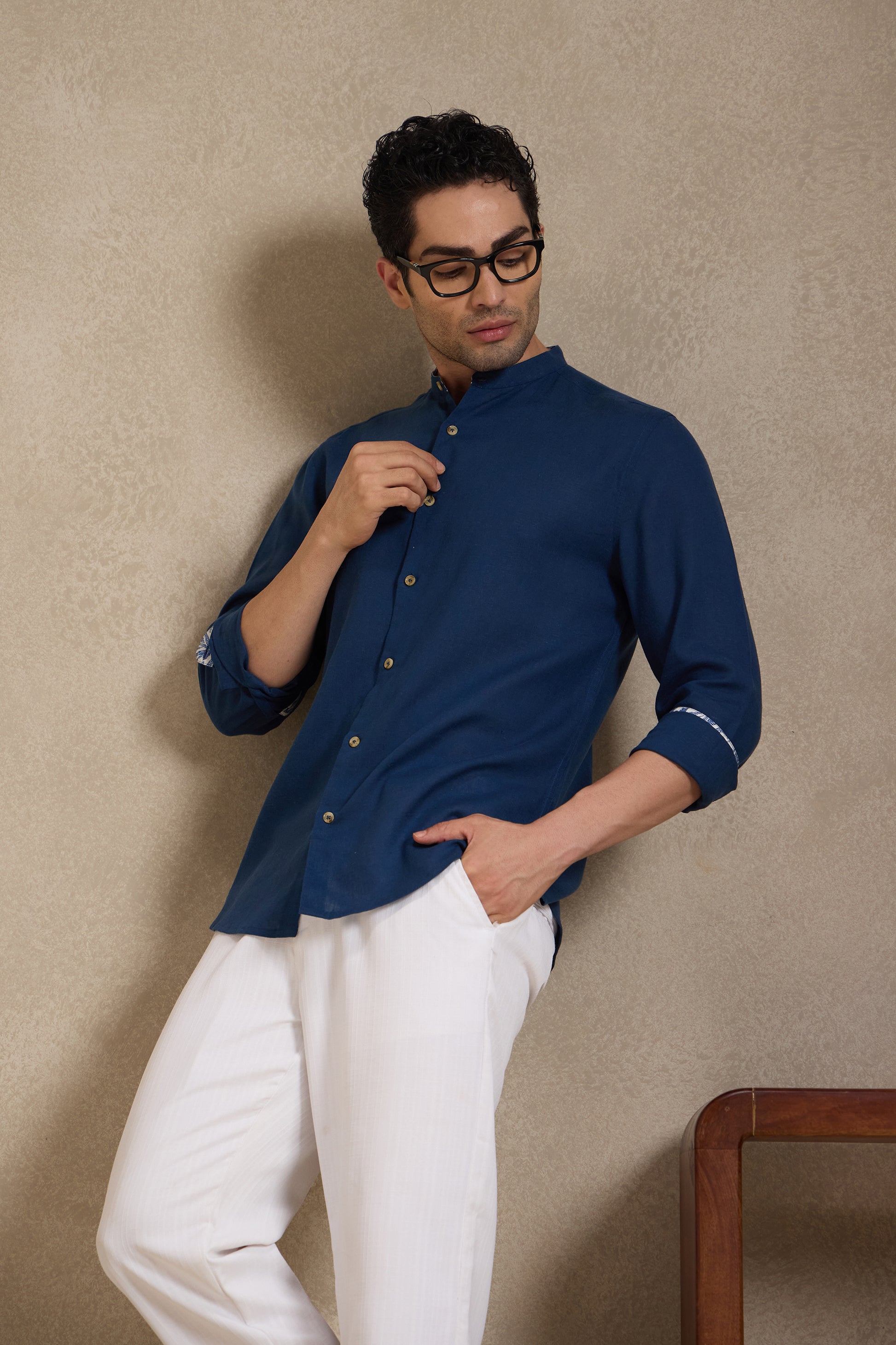 Space Blue - Linen Mandarin Collar Shirt for Men
