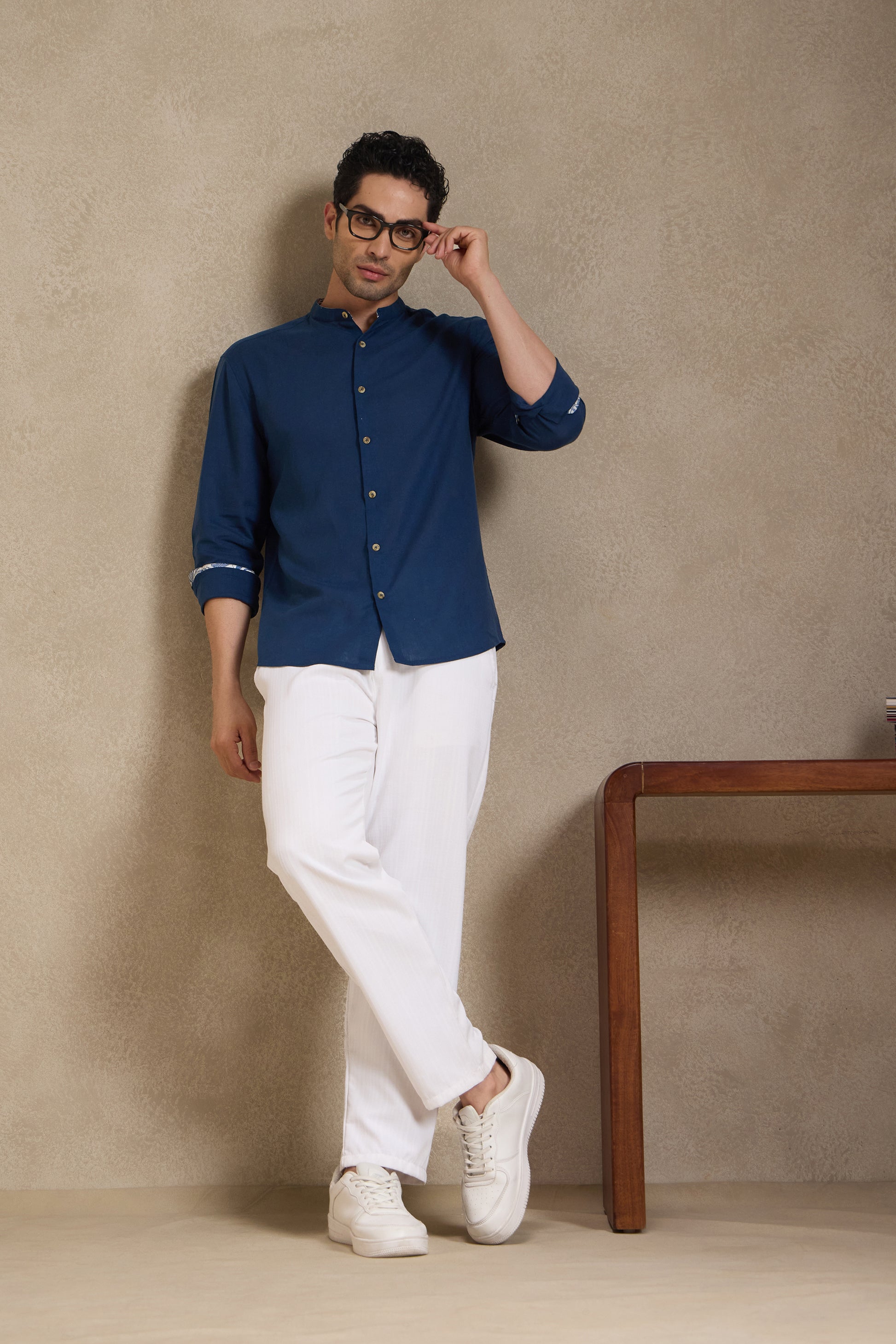Space Blue - Linen Mandarin Collar Shirt for Men