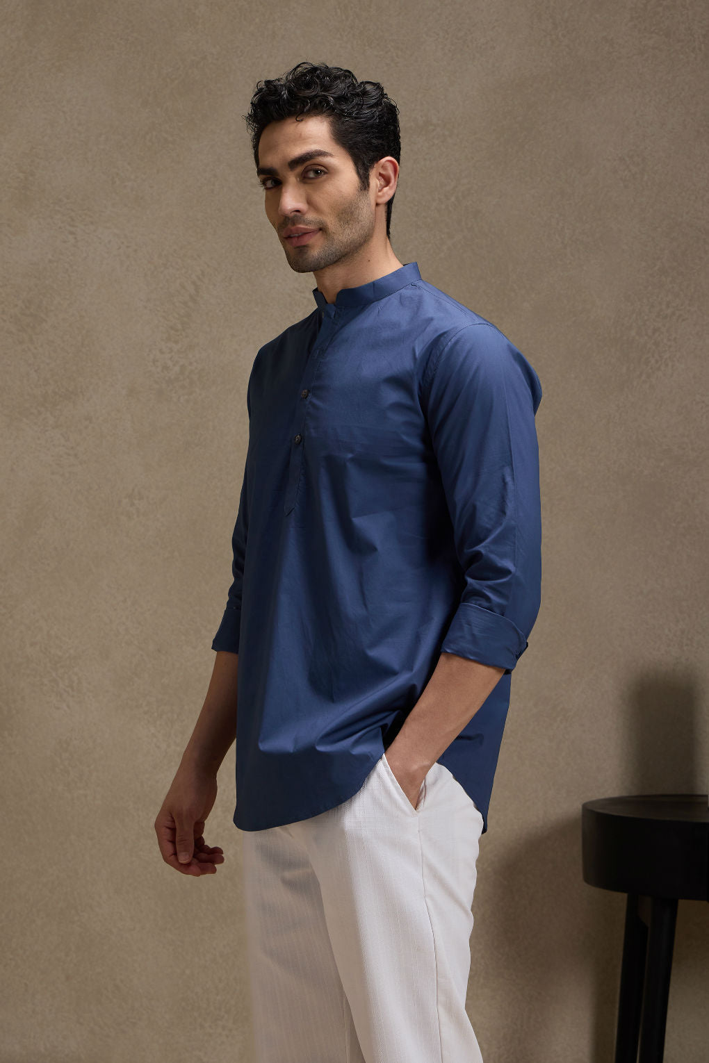 Admiral Blue Premium Cotton Mandarin Collar Short Kurta