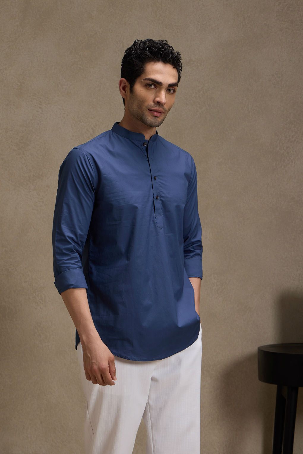 Admiral Blue Premium Cotton Mandarin Collar Short Kurta