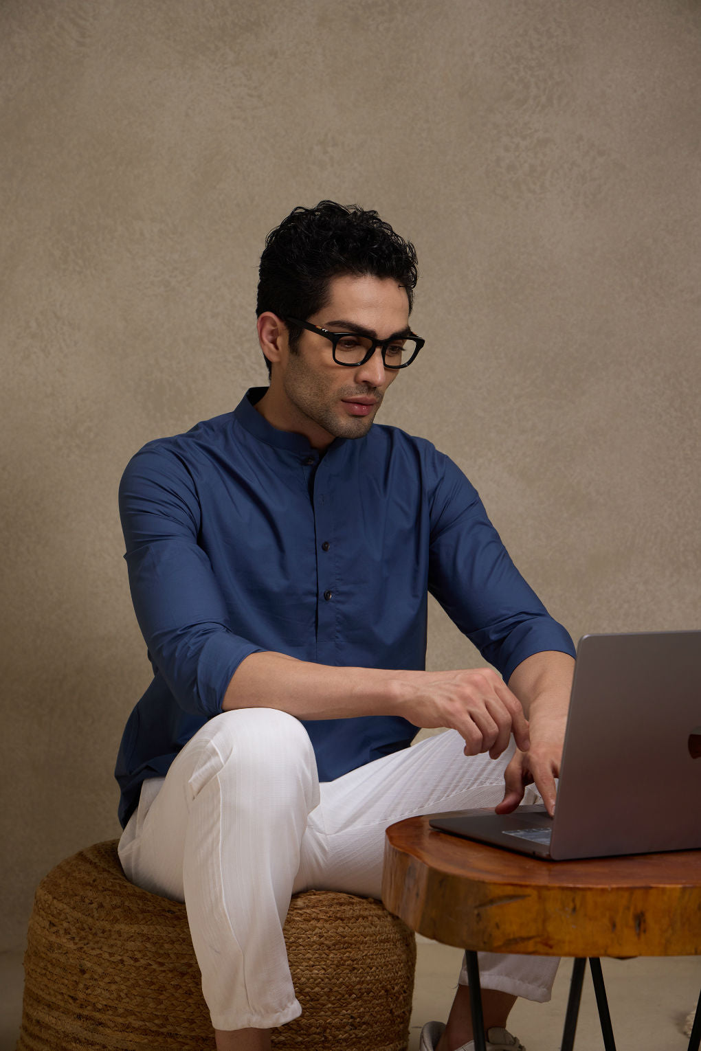 Admiral Blue Premium Cotton Mandarin Collar Short Kurta