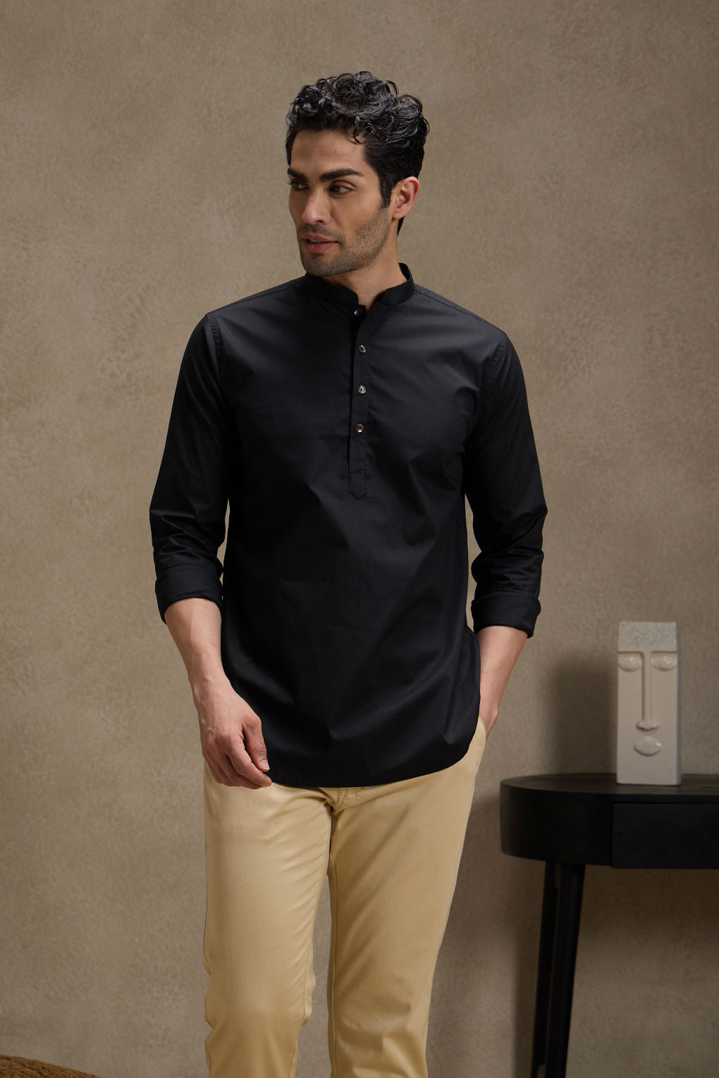 Ebony Black Short Kurta with Mandarin Collar