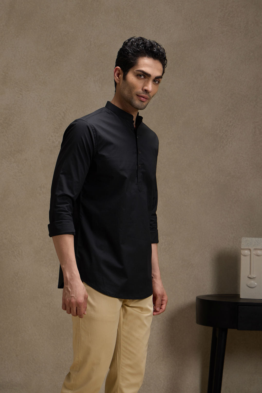 Ebony Black Short Kurta with Mandarin Collar