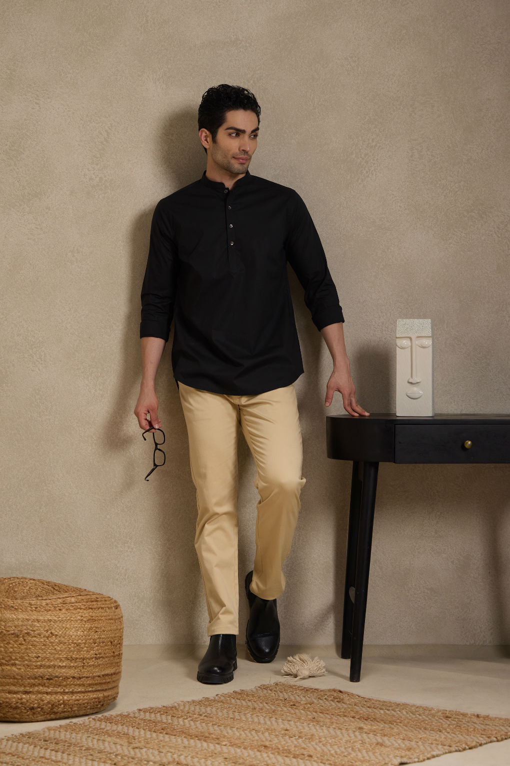 Ebony Black Short Kurta with Mandarin Collar