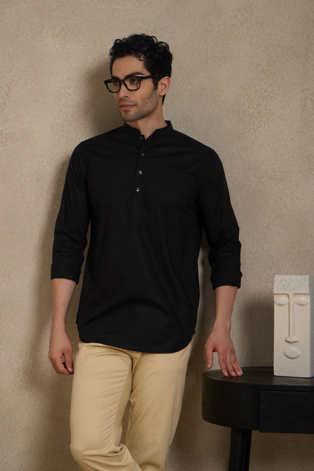 Ebony Black Short Kurta with Mandarin Collar