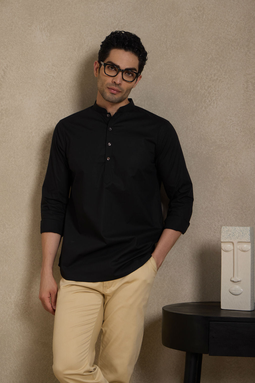 Ebony Black Short Kurta with Mandarin Collar