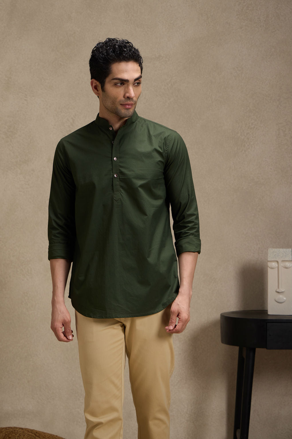 Army Green Mandarin Collar Short Kurta