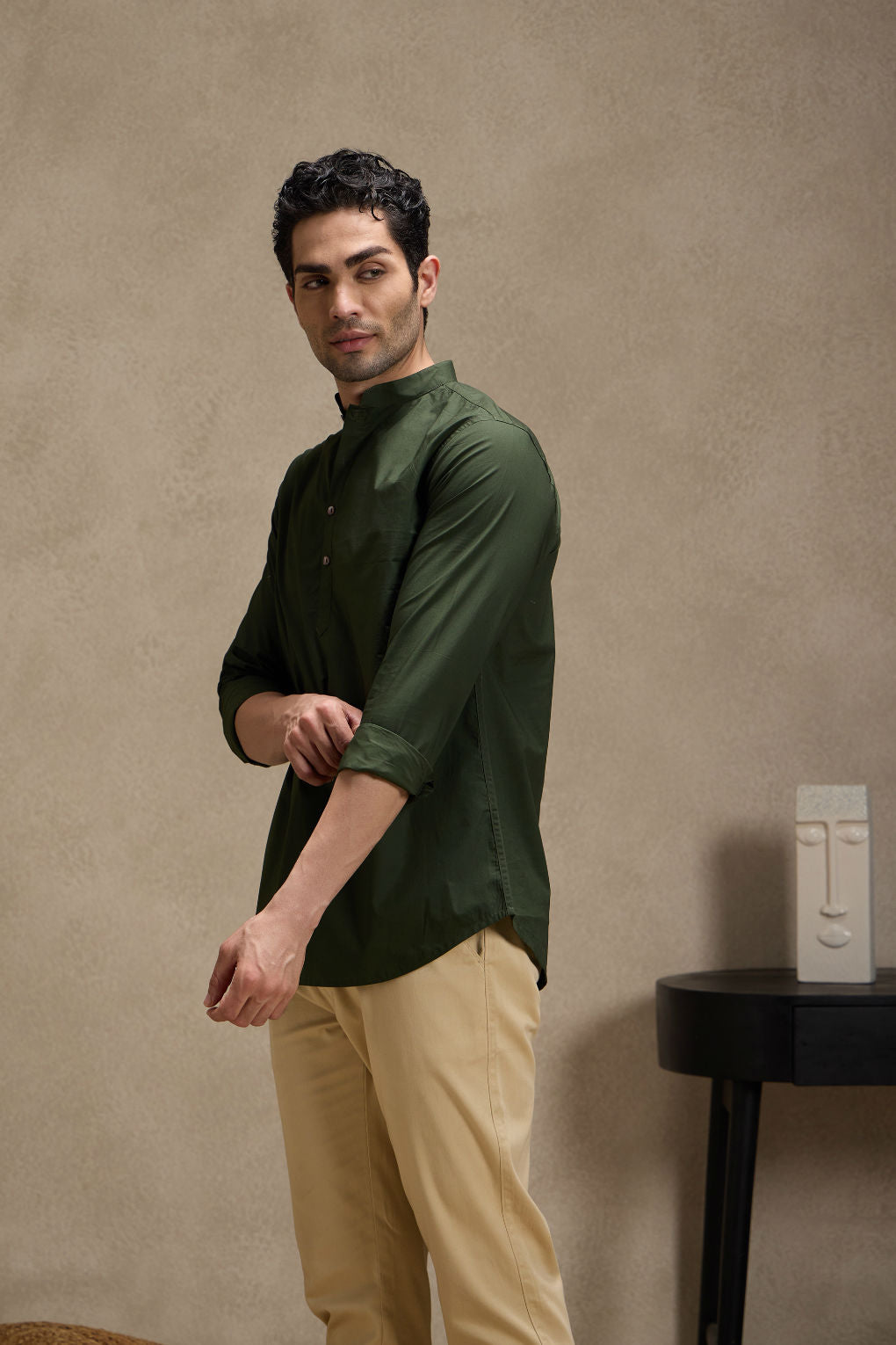Army Green Mandarin Collar Short Kurta