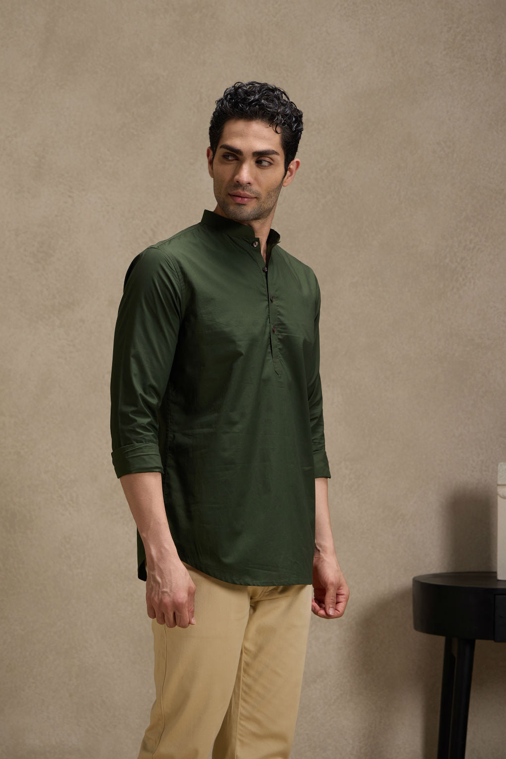 Army Green Mandarin Collar Short Kurta