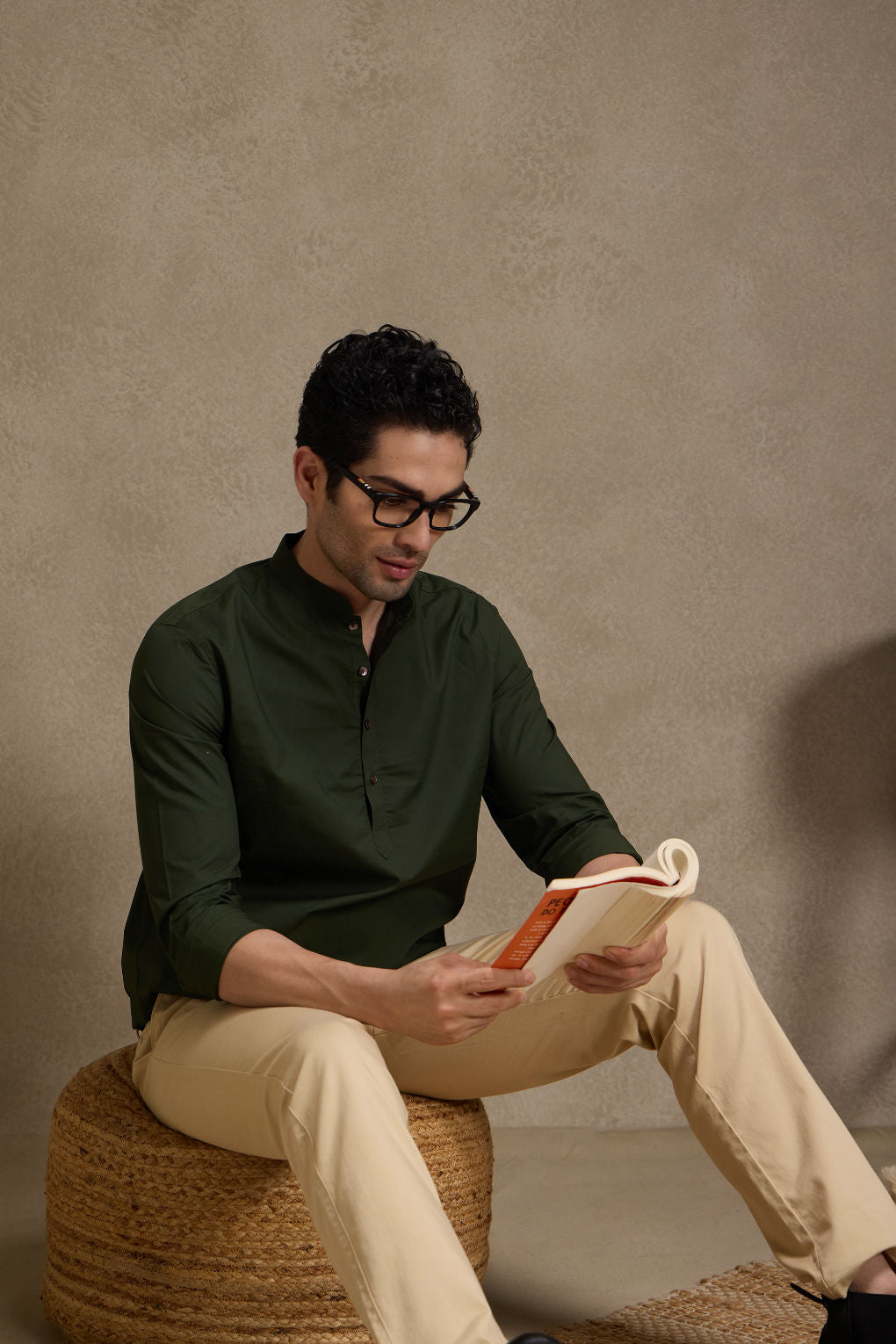 Army Green Mandarin Collar Short Kurta