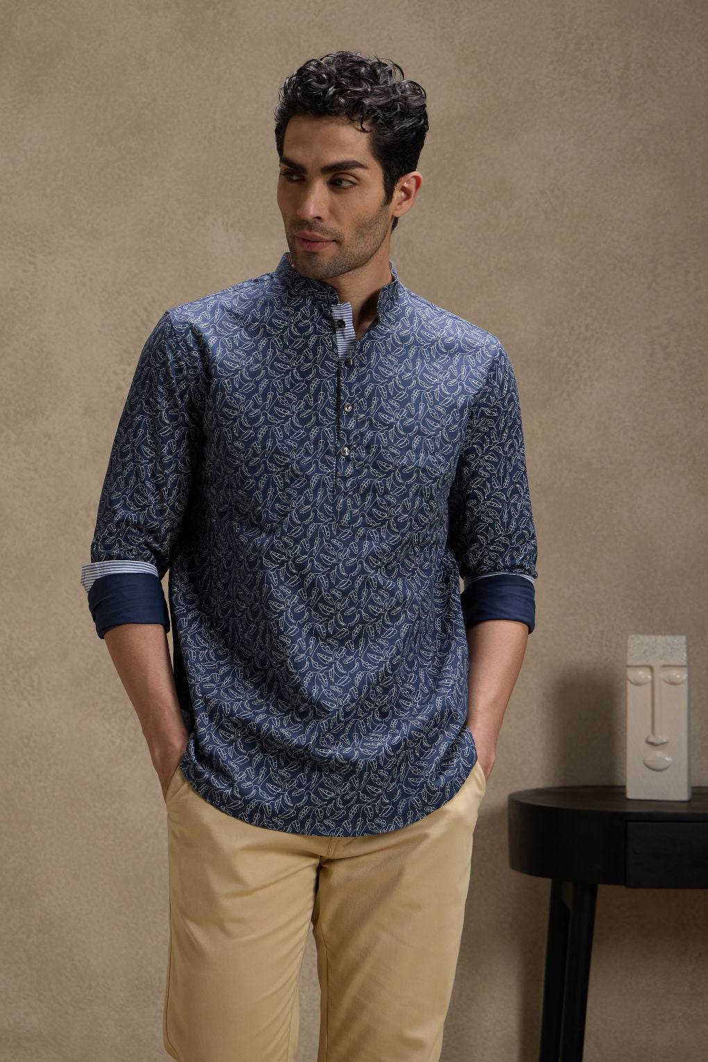 Indigo Printed Mandarin Collar Short Kurta