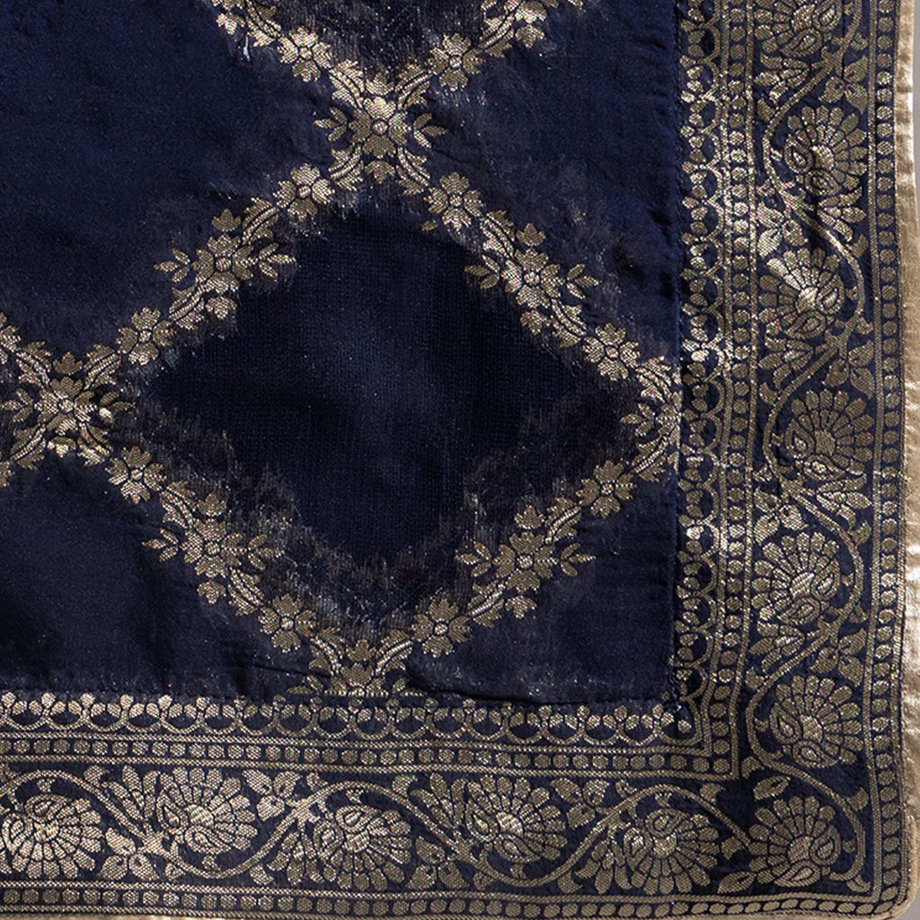 Navy Blue Organza Zari Dupatta with Checkered Pattern Dupatta