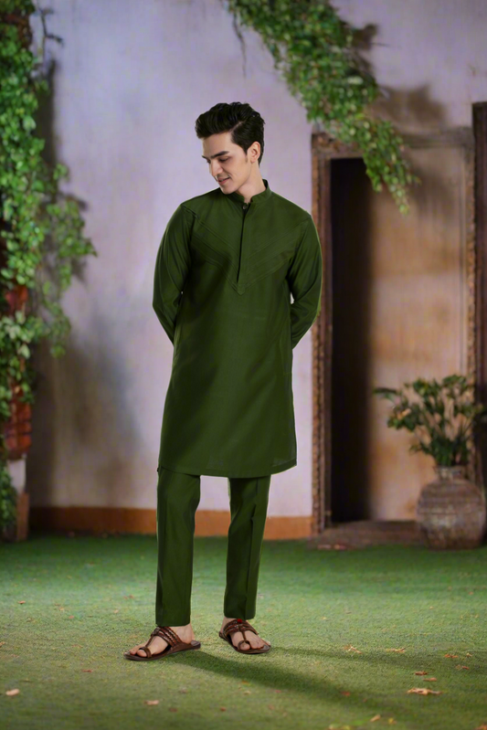 Men's Temple Pleated Mid-Length Kurta Pant Set