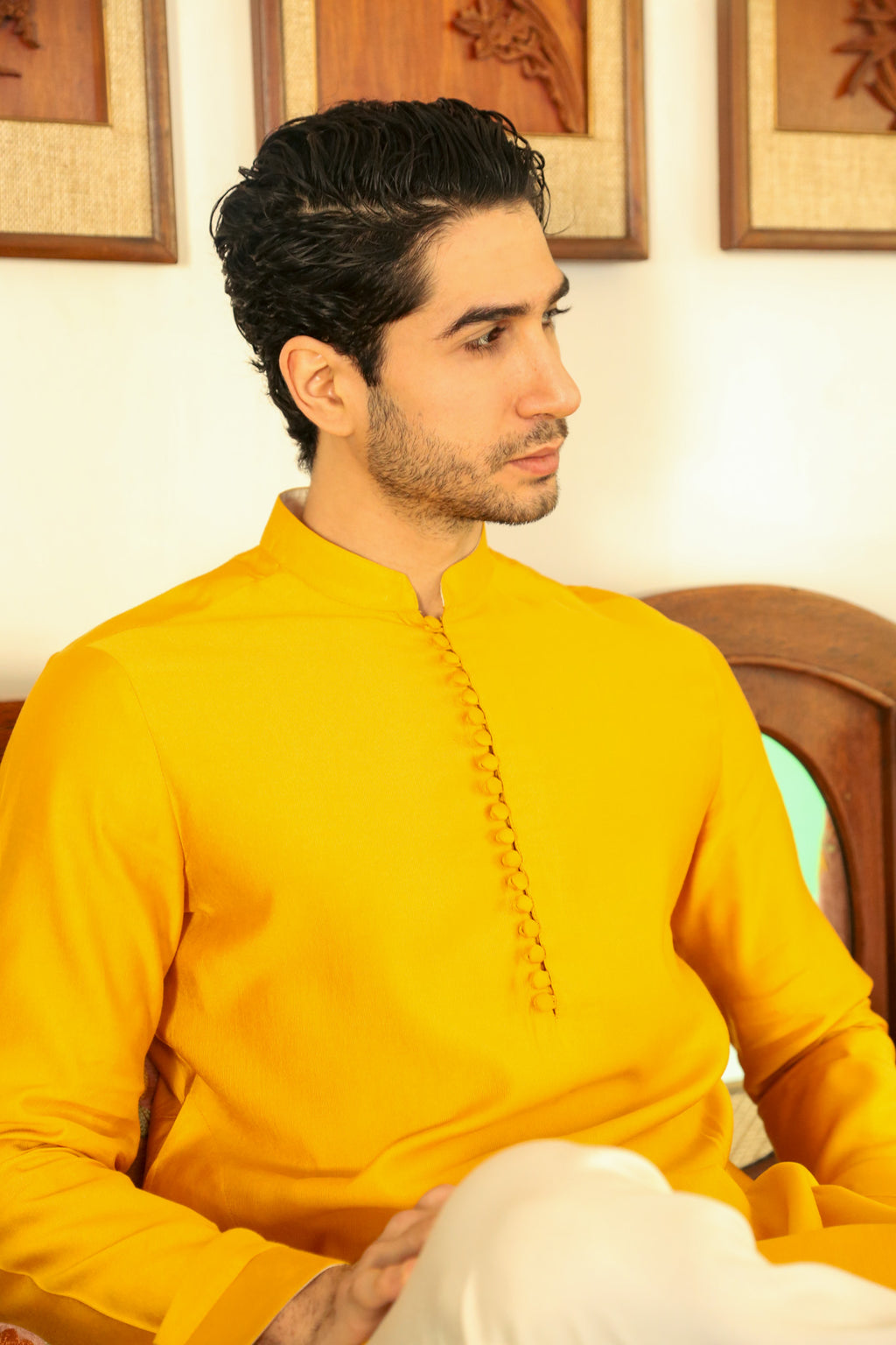 Men's Mustard Kurta with Mandarin Collar