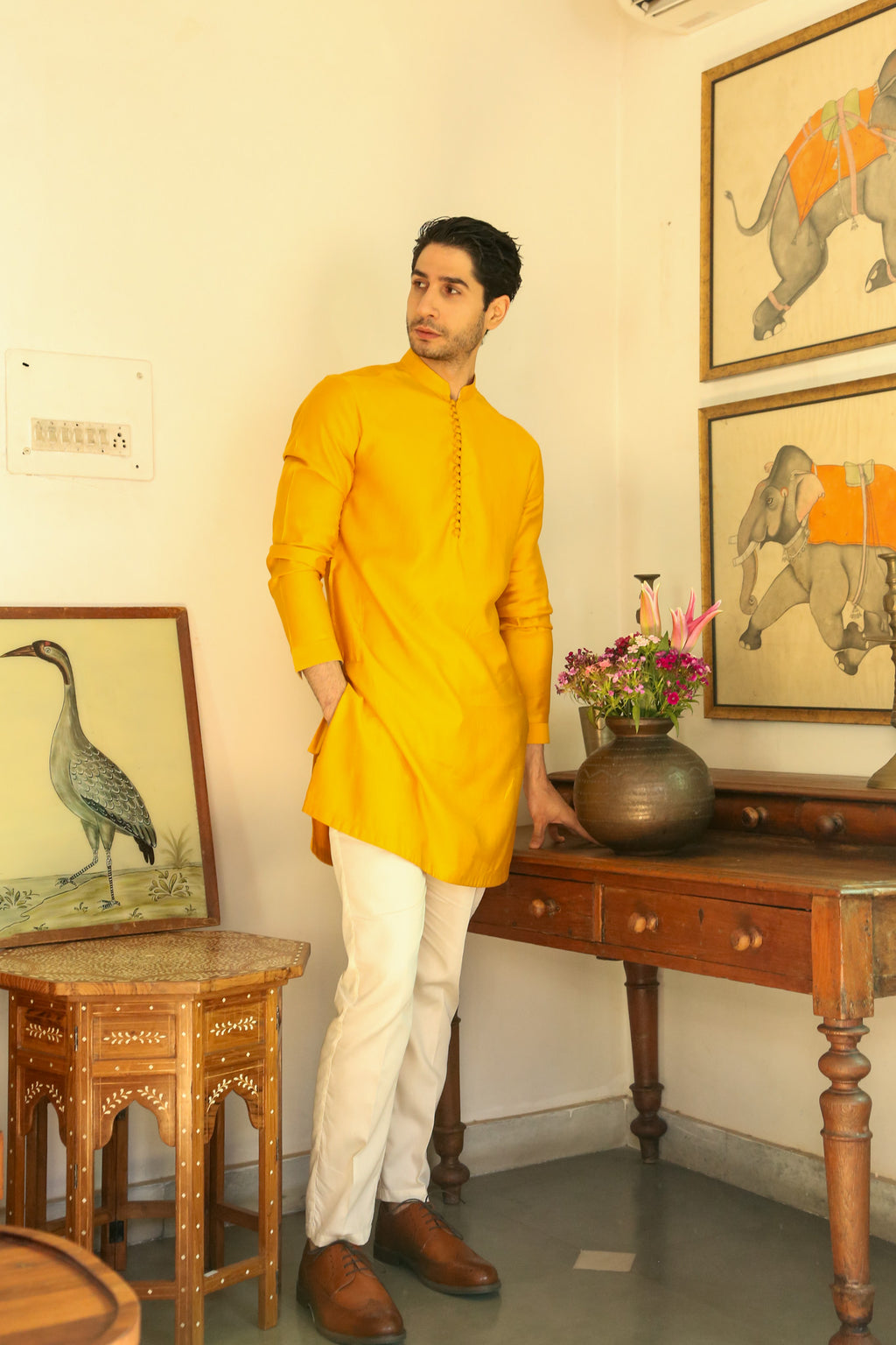 Men's Mustard Kurta with Mandarin Collar