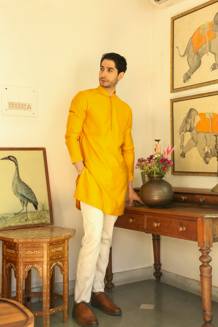 Men's Mustard Kurta with Mandarin Collar Kurta Mid Length Kurta