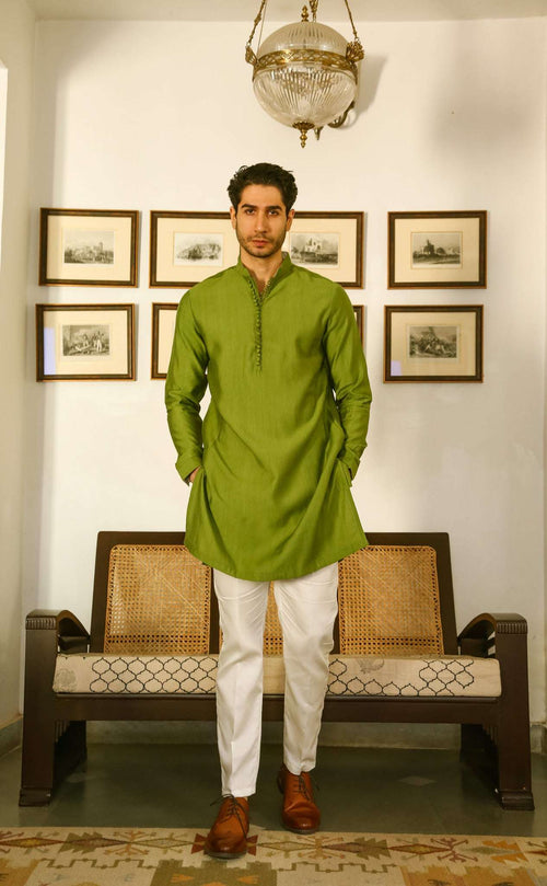 Men's Lustrous Green Kurta with Mandarin Collar Kurta Mid Length Kurta