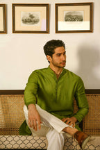 Men's Lustrous Green Kurta with Mandarin Collar Kurta Mid Length Kurta