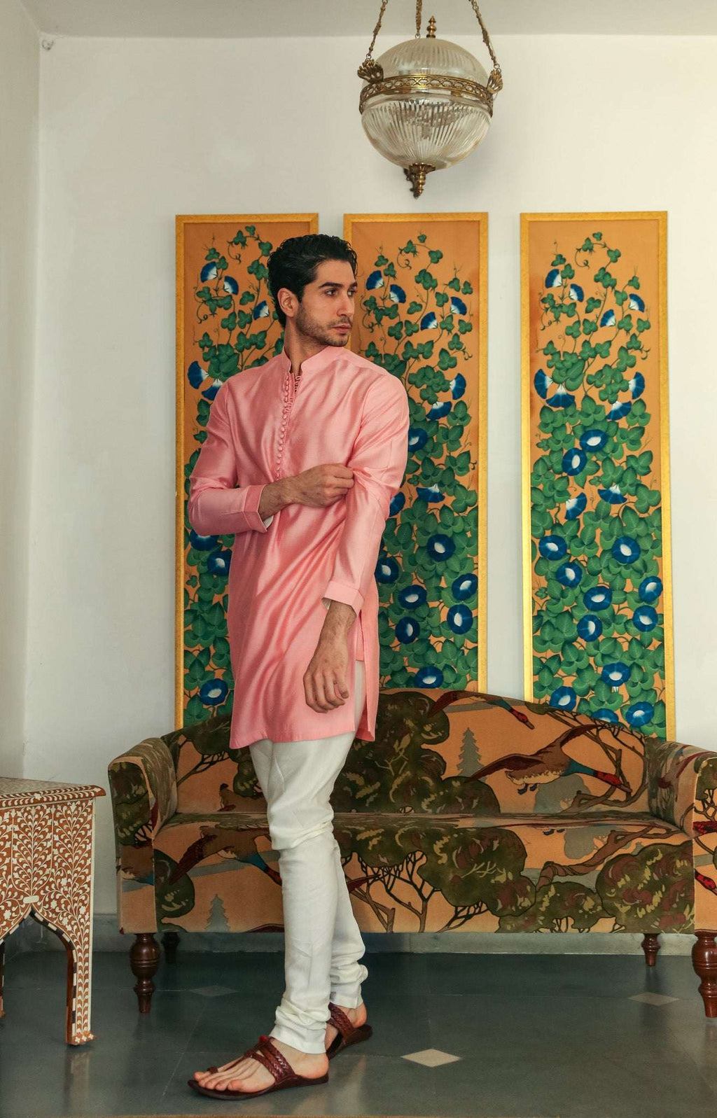 Men's Muted Pink Kurta with Mandarin Collar Kurta Mid Length Kurta