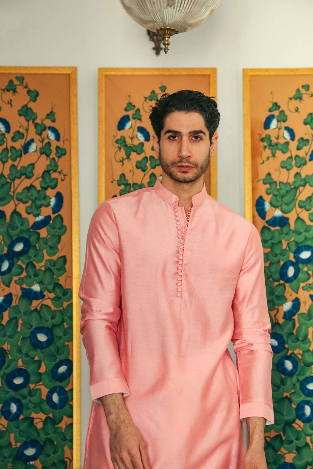 Men's Muted Pink Kurta with Mandarin Collar Kurta Mid Length Kurta
