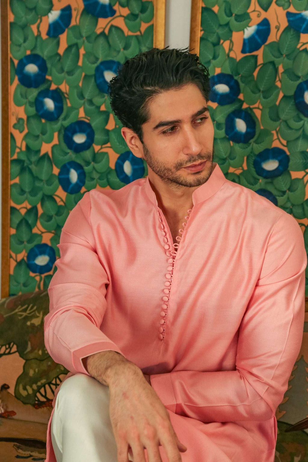 Men's Muted Pink Kurta with Mandarin Collar Kurta Mid Length Kurta