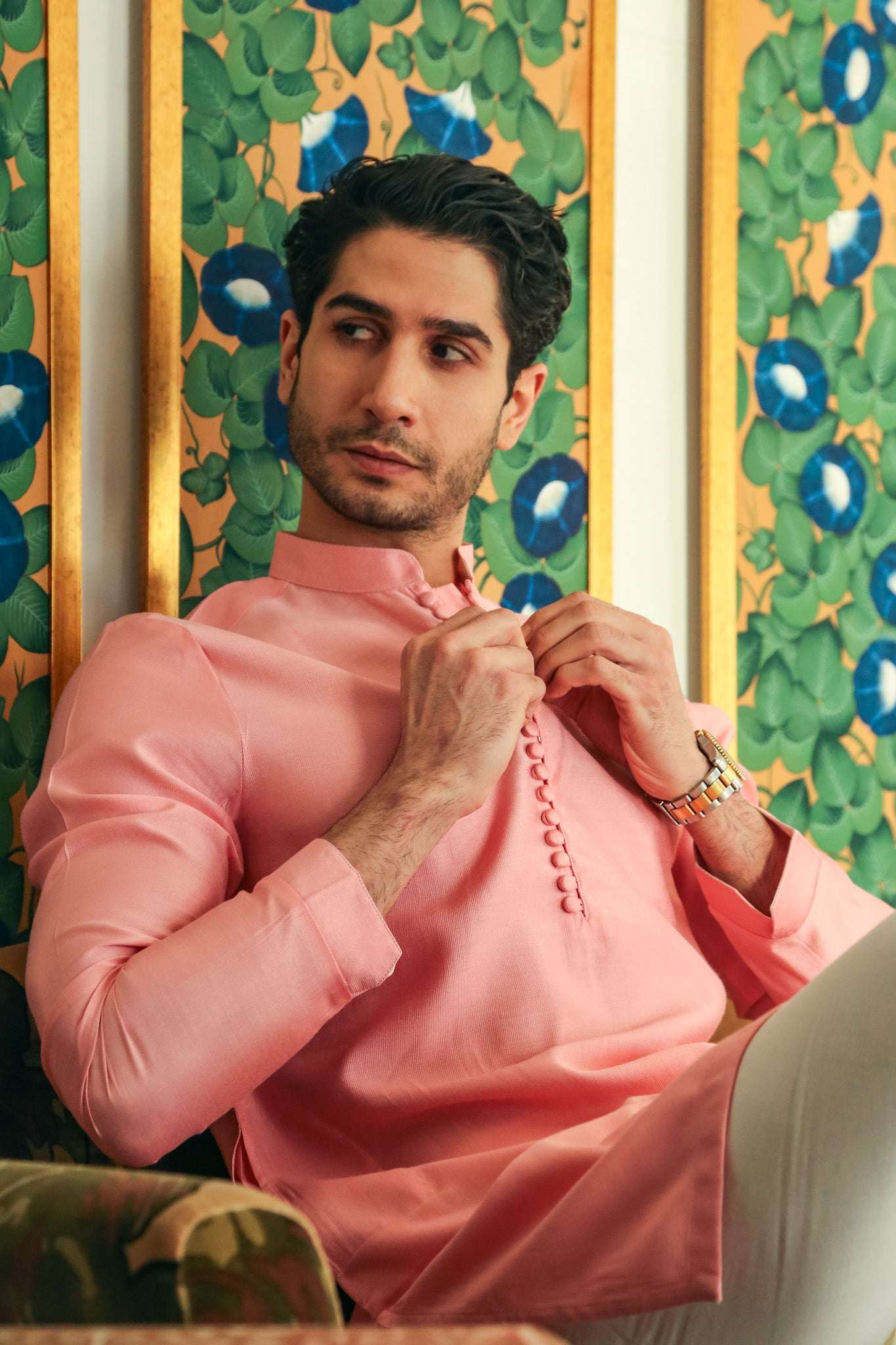 Men's Muted Pink Kurta with Mandarin Collar Kurta Mid Length Kurta