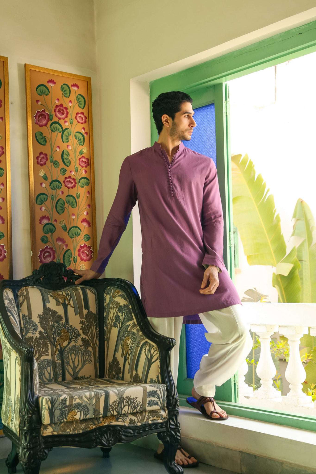 Men's Lustrous Purple Kurta with Mandarin Collar Kurta Mid Length Kurta