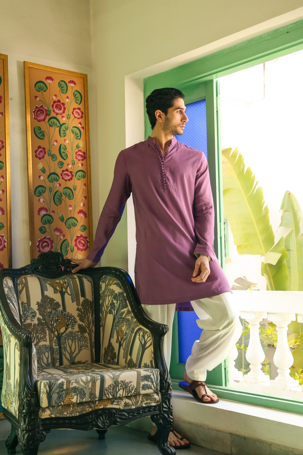 Men's Lustrous Purple Kurta with Mandarin Collar