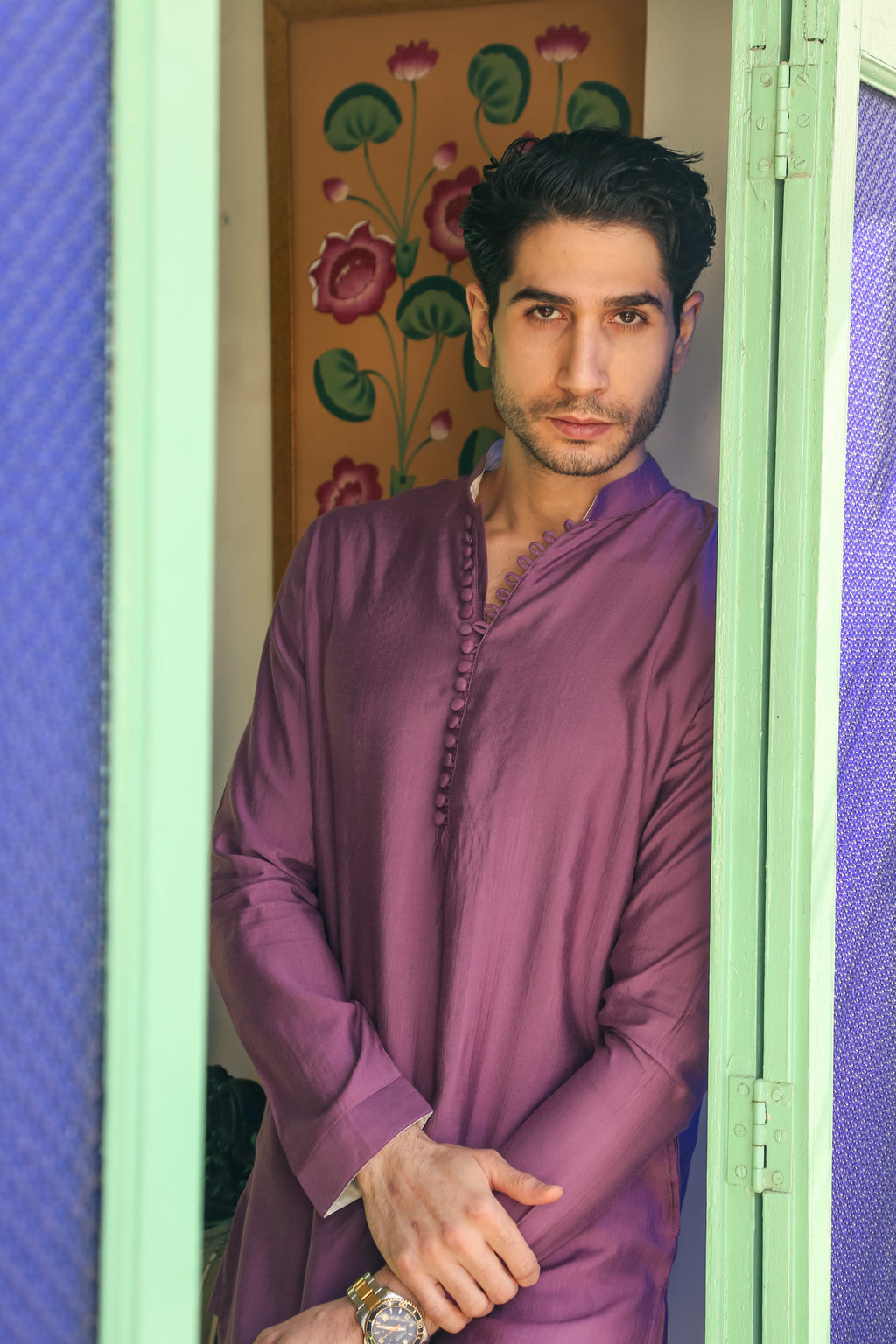 Men's Lustrous Purple Kurta with Mandarin Collar