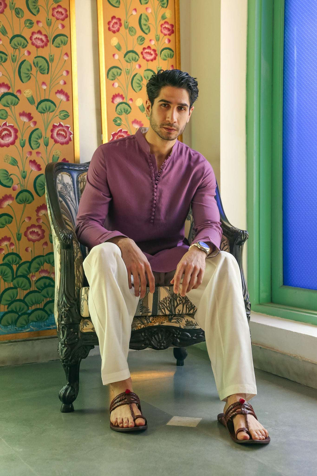Men's Lustrous Purple Kurta with Mandarin Collar Kurta Mid Length Kurta