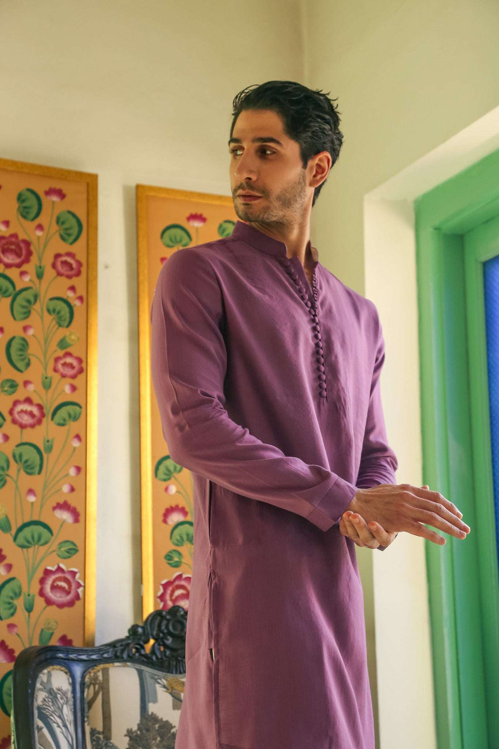 Men's Lustrous Purple Kurta with Mandarin Collar Kurta Mid Length Kurta