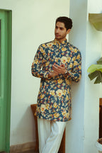 Men's Teal Printed Floral Kurta with Mandarin Collar Kurta Mid Length Kurta