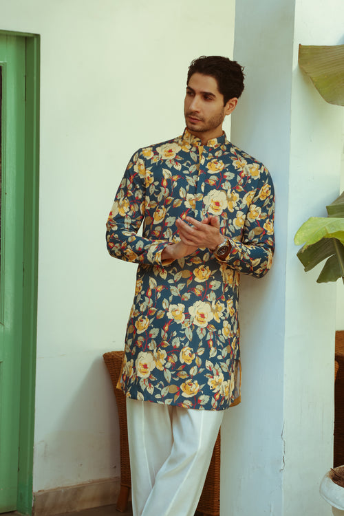 Men's Teal Printed Floral Kurta with Mandarin Collar