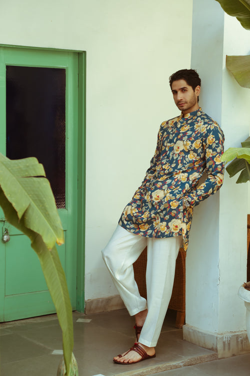 Men's Teal Printed Floral Kurta with Mandarin Collar