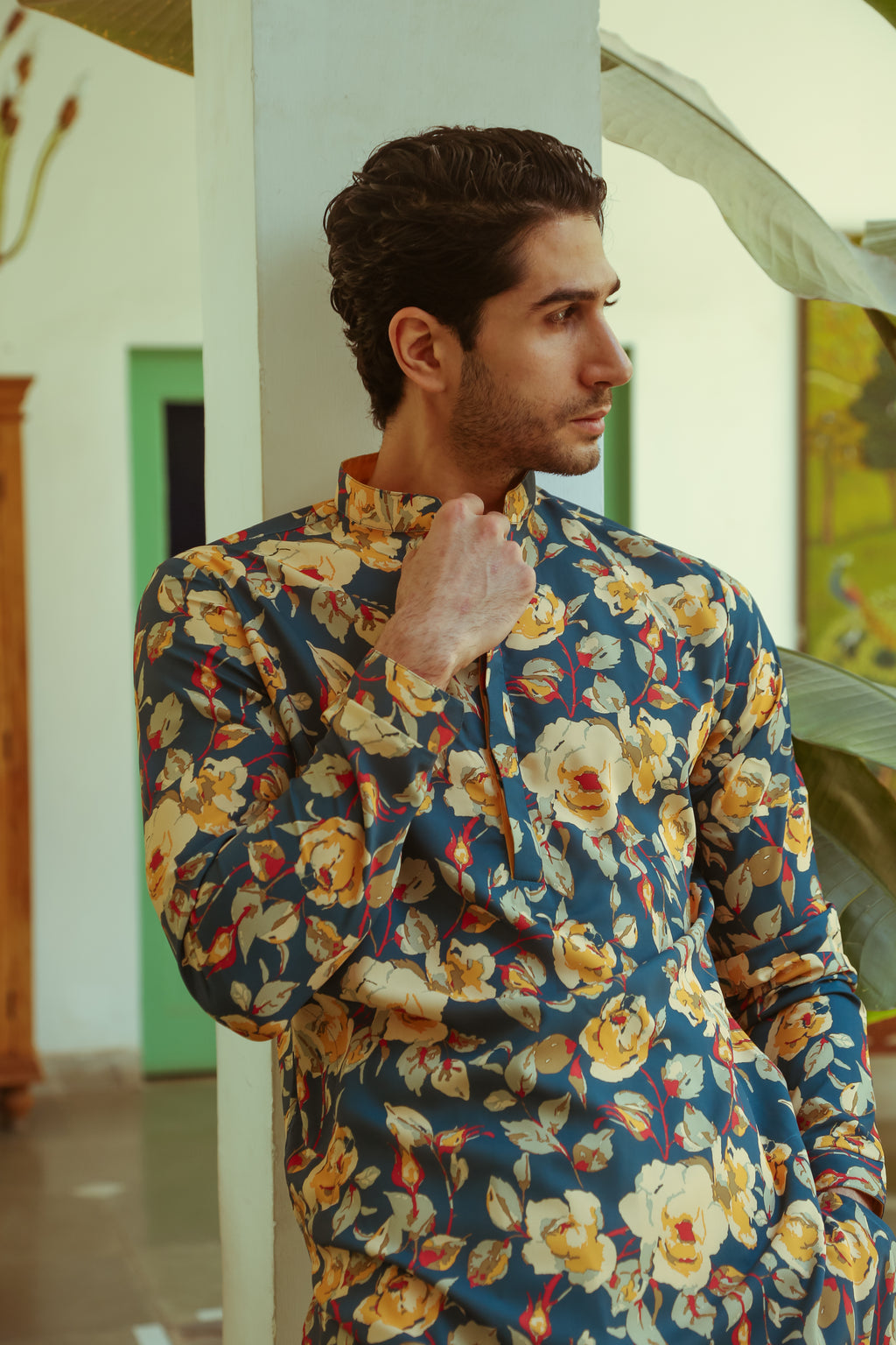 Men's Teal Printed Floral Kurta with Mandarin Collar