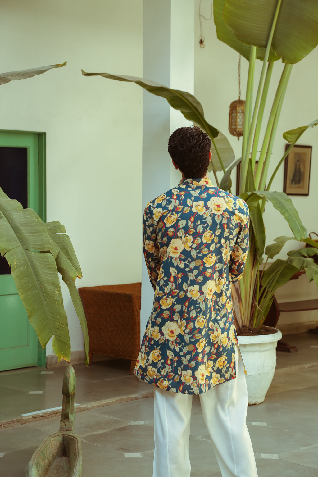 Men's Teal Printed Floral Kurta with Mandarin Collar