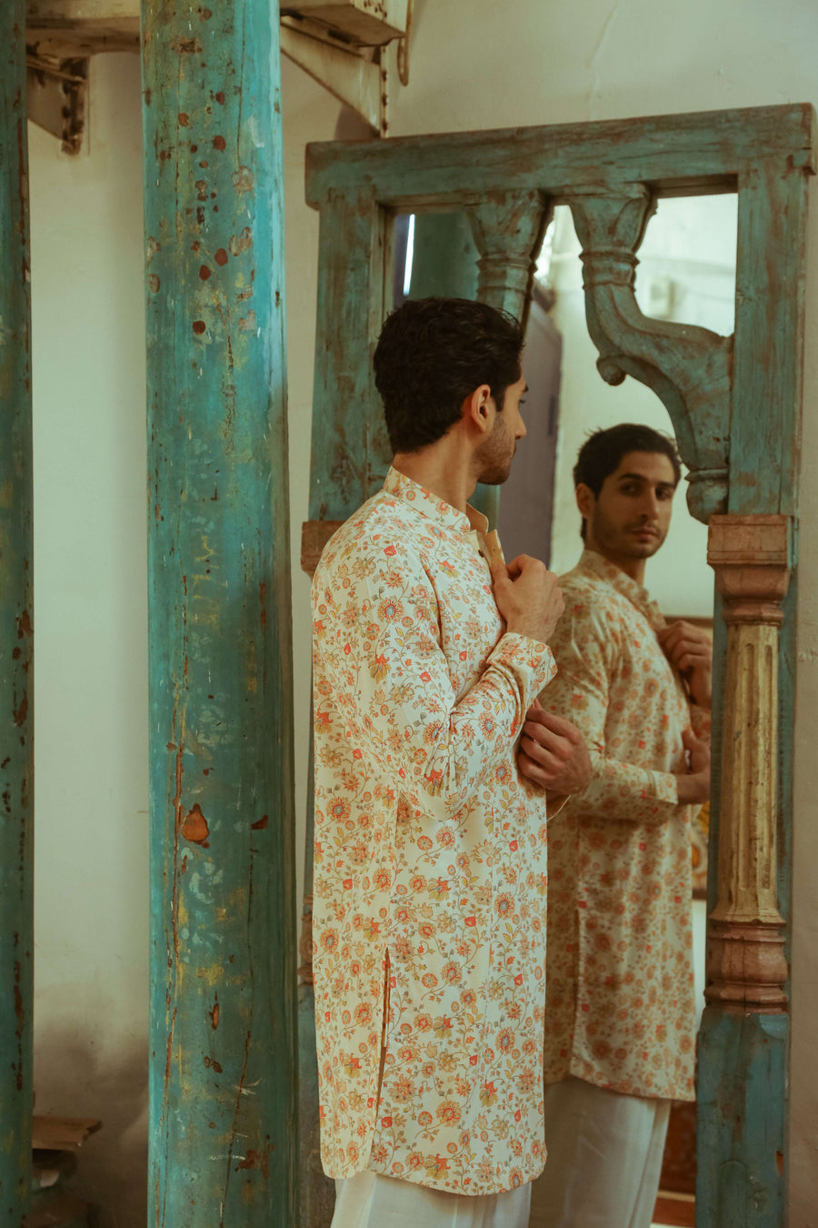 Men's Beige Printed Kurta with Mandarin Collar Kurta Mid Length Kurta