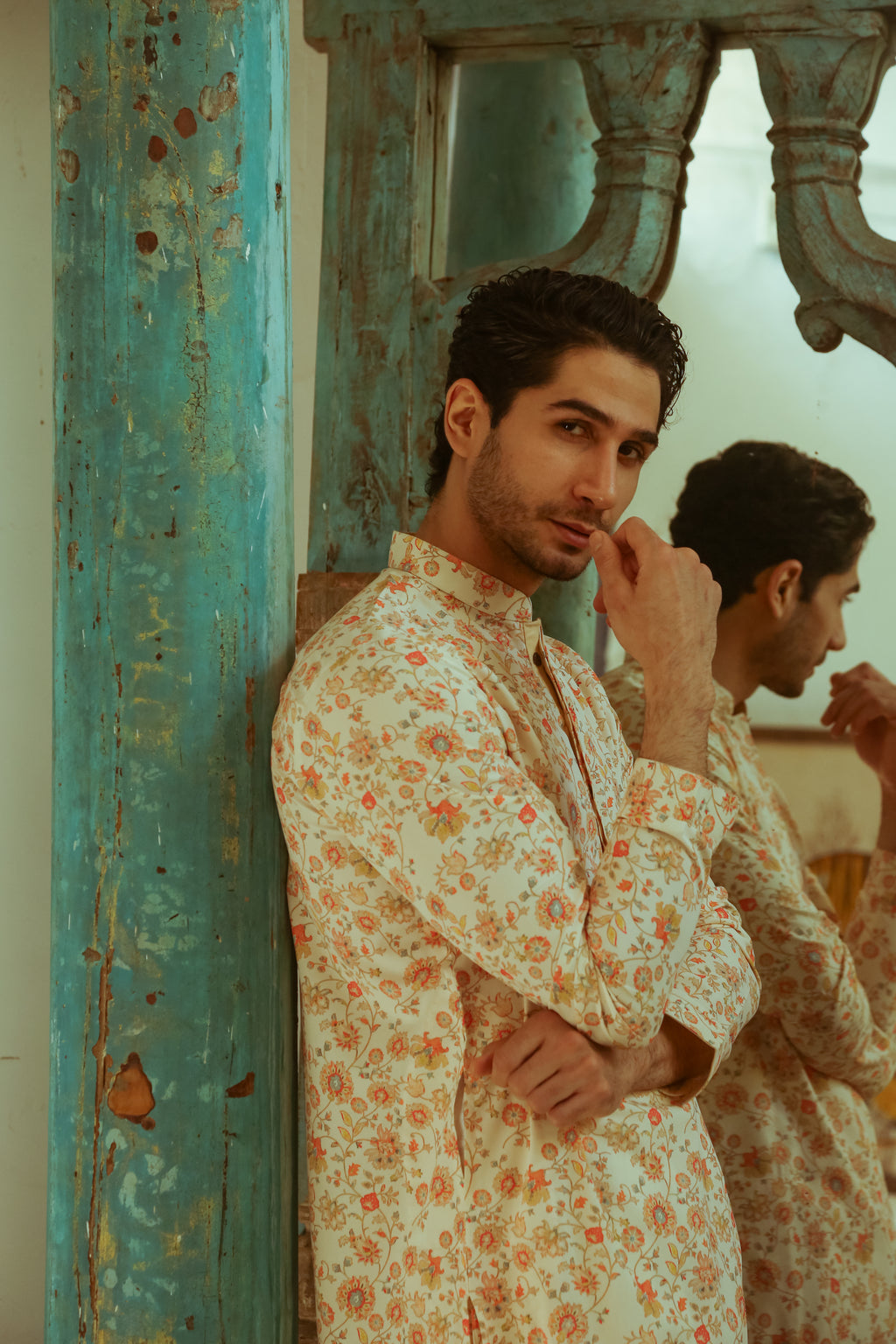 Men's Beige Printed Kurta with Mandarin Collar