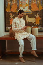 Men's Beige Printed Kurta with Mandarin Collar Kurta Mid Length Kurta