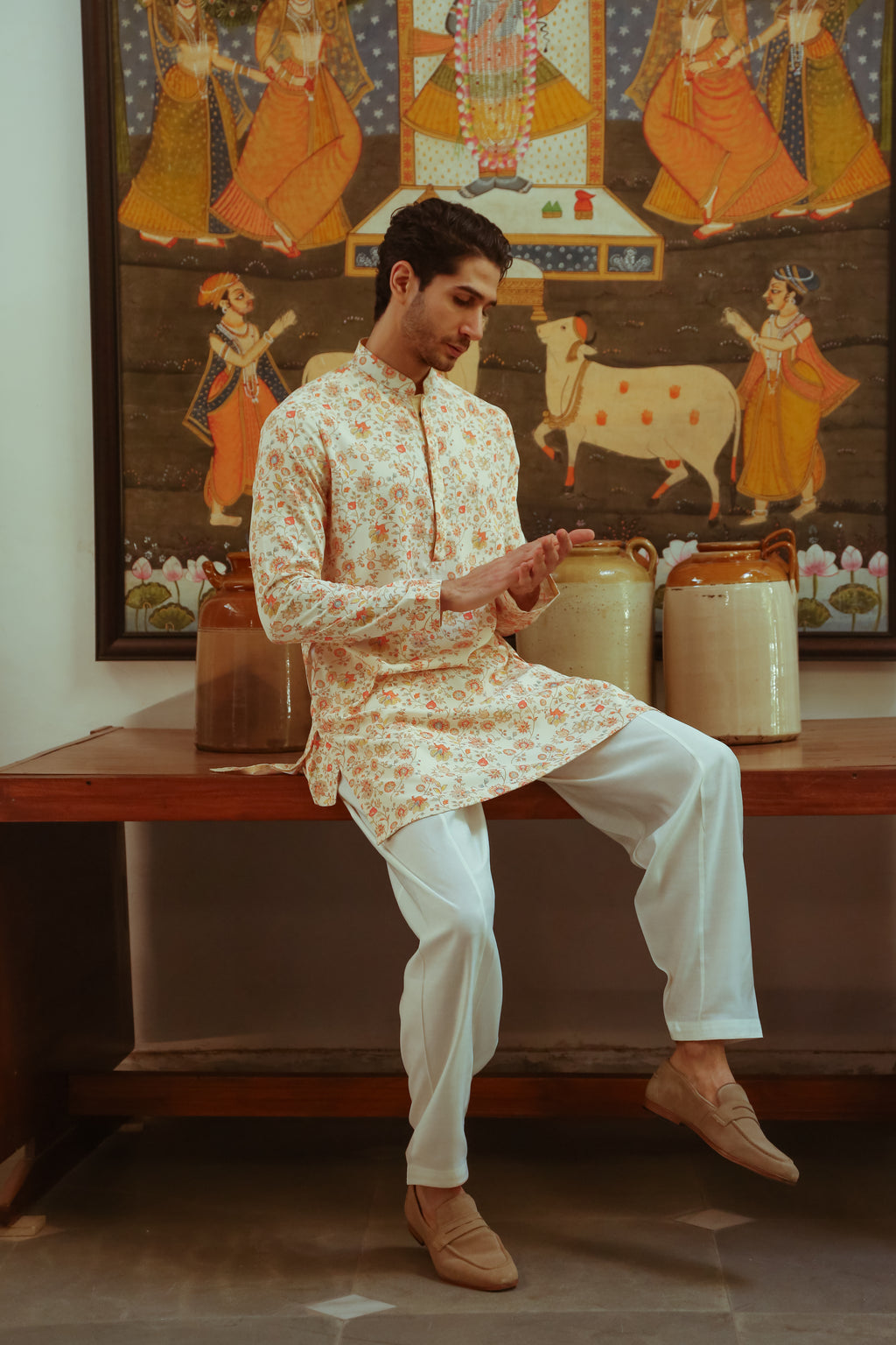 Men's Beige Printed Kurta with Mandarin Collar