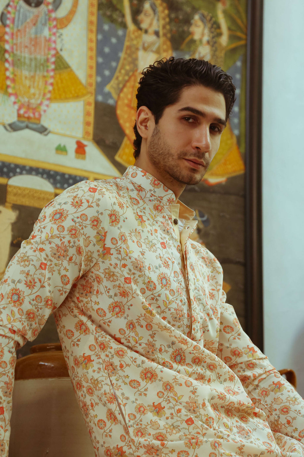 Men's Beige Printed Kurta with Mandarin Collar Kurta Mid Length Kurta