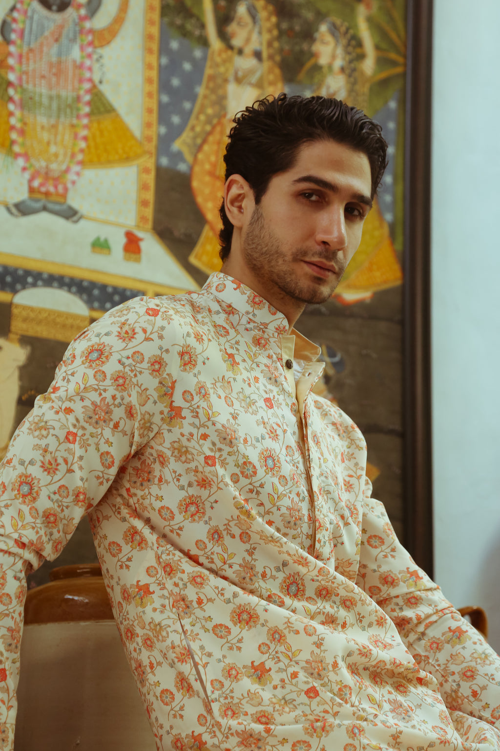 Men's Beige Printed Kurta with Mandarin Collar