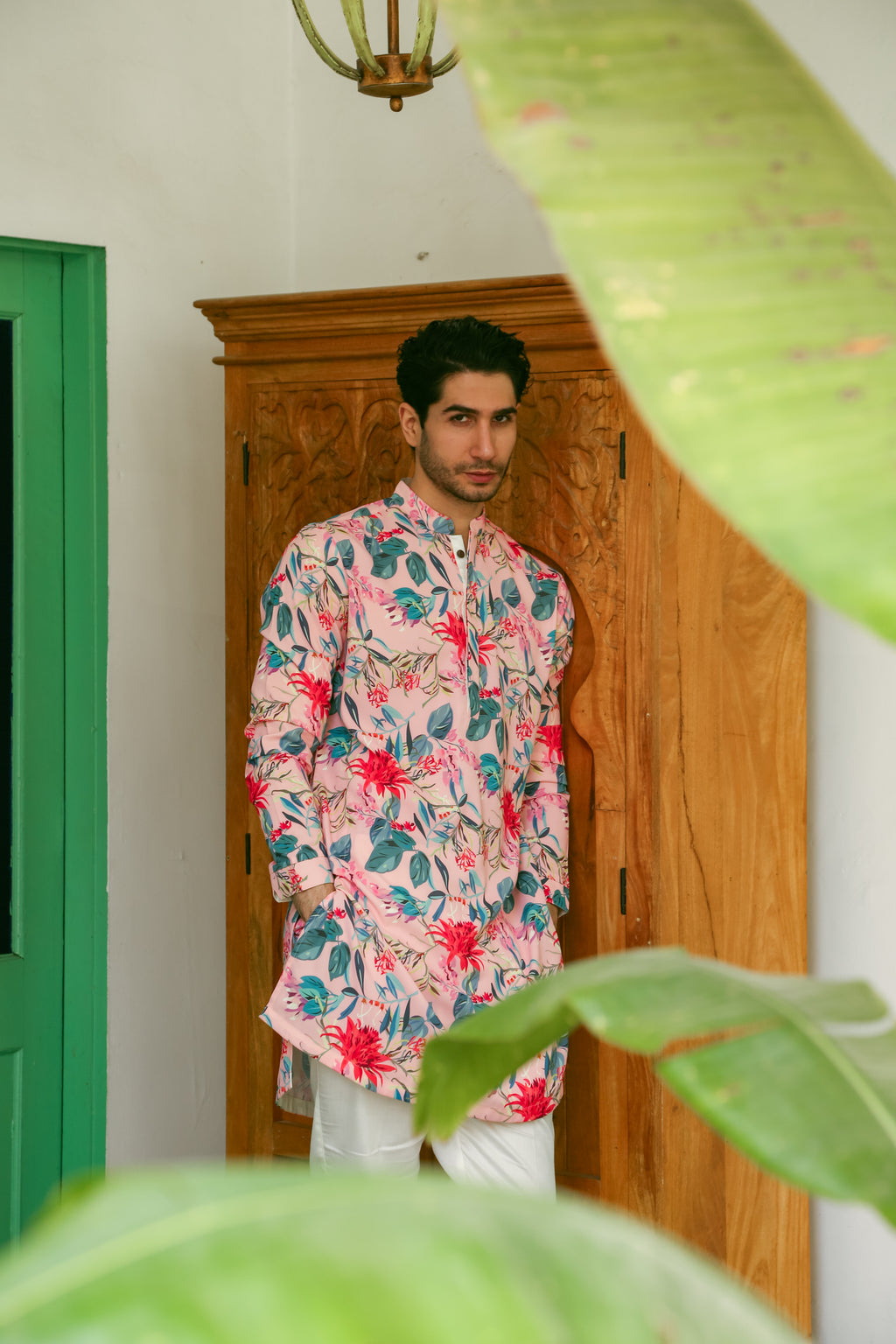 Men's Pink Printed Floral Kurta with Mandarin Collar