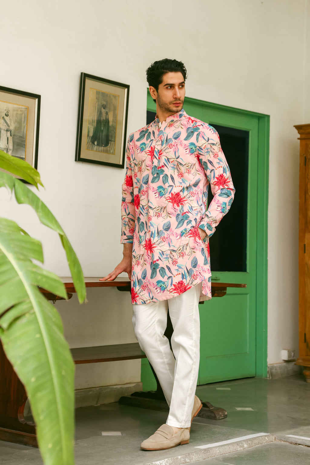 Men's Pink Printed Floral Kurta with Mandarin Collar Kurta Mid Length Kurta