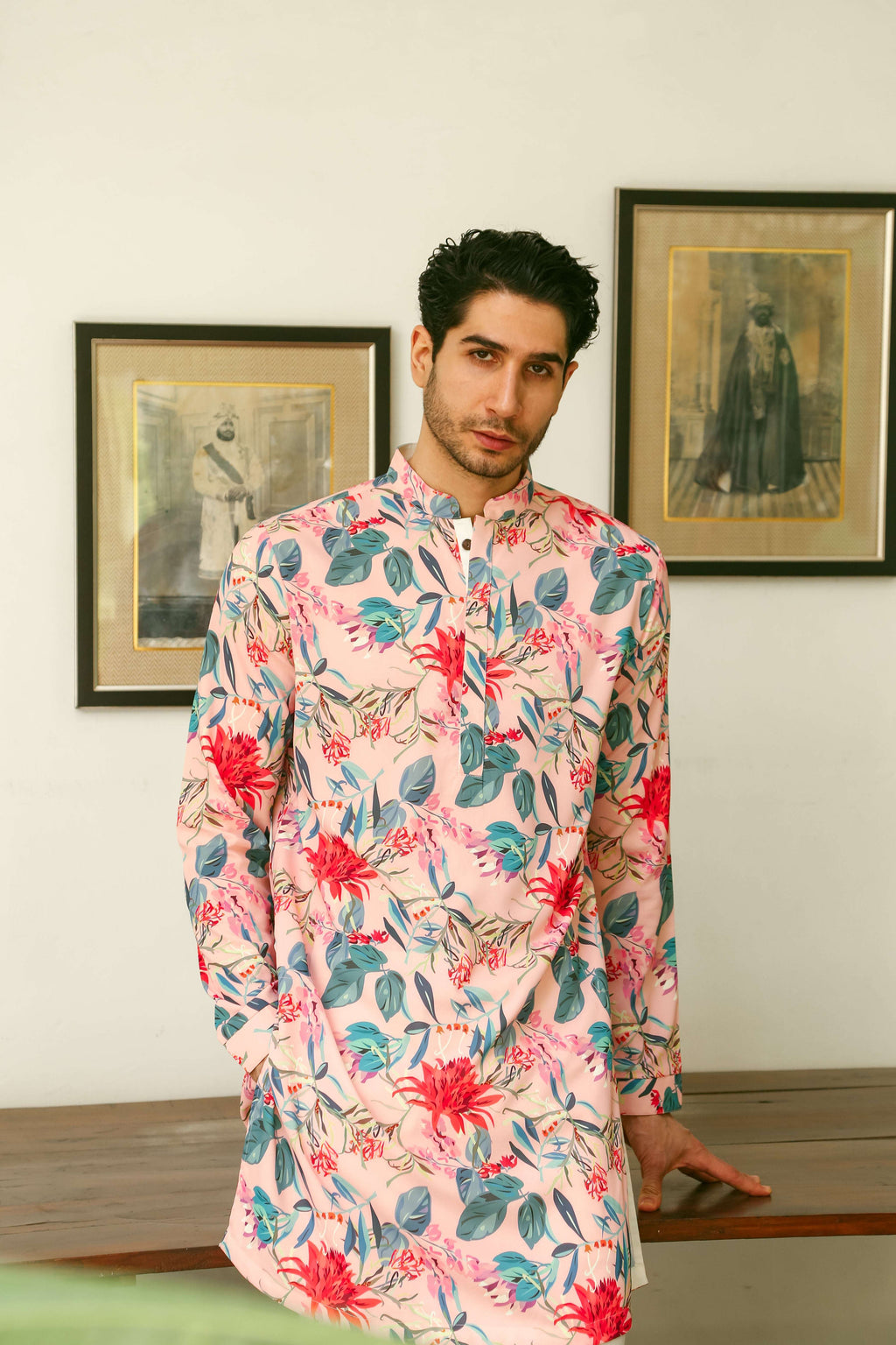 Men's Pink Printed Floral Kurta with Mandarin Collar Kurta Mid Length Kurta
