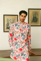 Men's Pink Printed Floral Kurta with Mandarin Collar Kurta Mid Length Kurta
